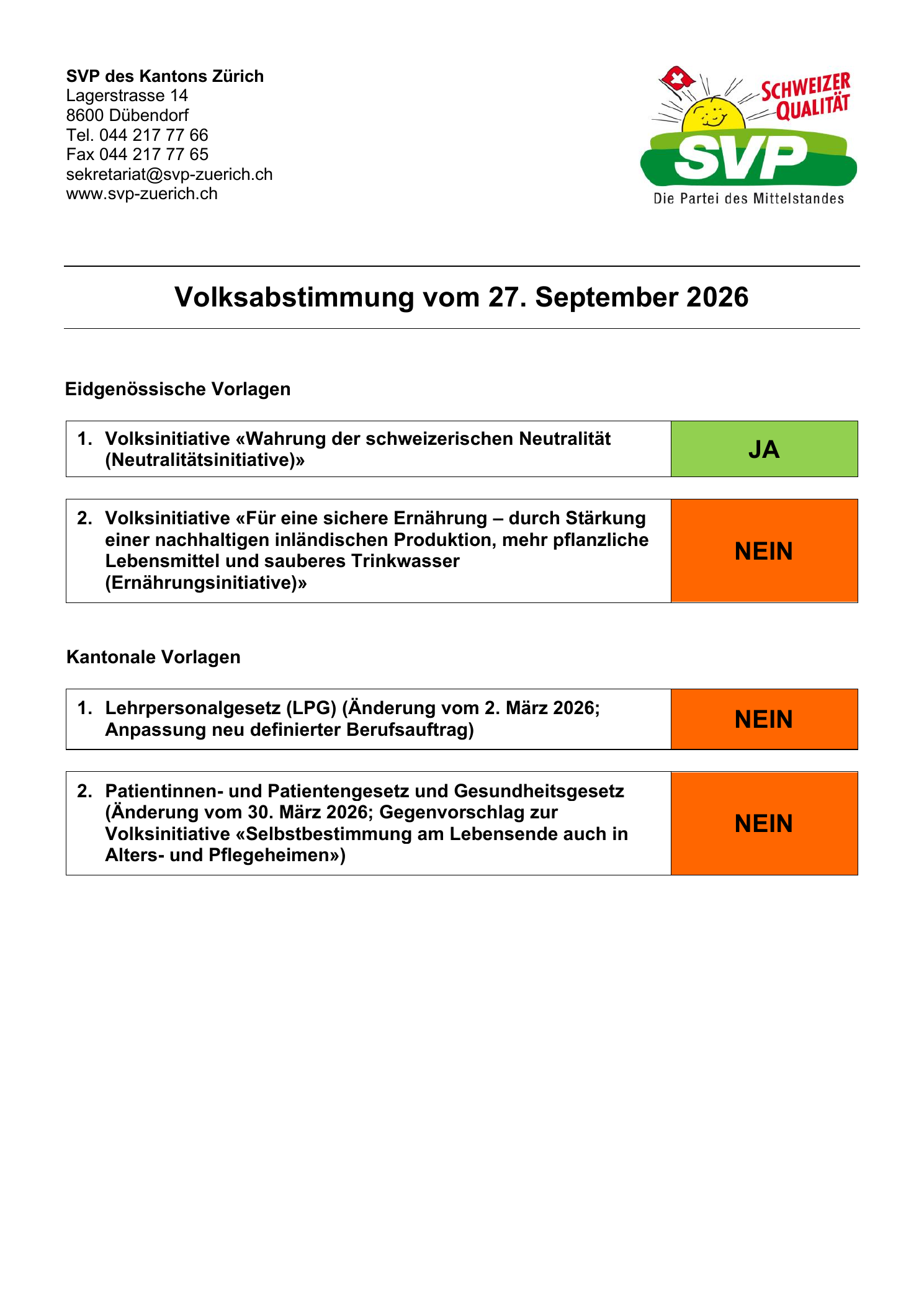 Parolen der SVP Maur zur Abstimmung vom 27. September 2026